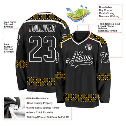 Custom Black Yellow-White Plaid Hockey Jersey