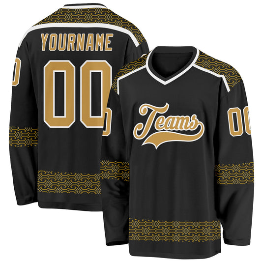 Custom Black Old Gold-White Plaid Hockey Jersey