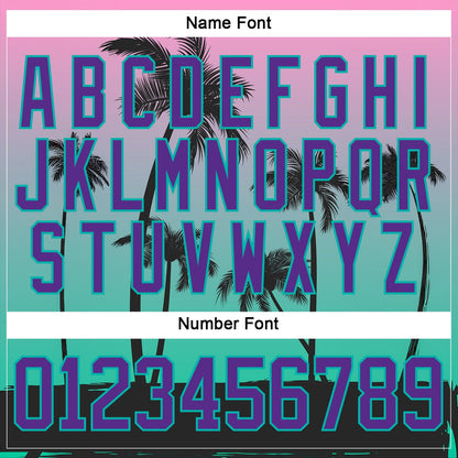 Custom Black Purple Pink-Aqua Gradient Hawaii Tropical Palm Trees Hockey Lace Neck Jersey