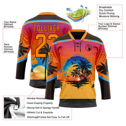 Custom Brown Bay Orange Yellow-Sky Blue Gradient Hawaii Tropical Palm Trees Hockey Lace Neck Jersey