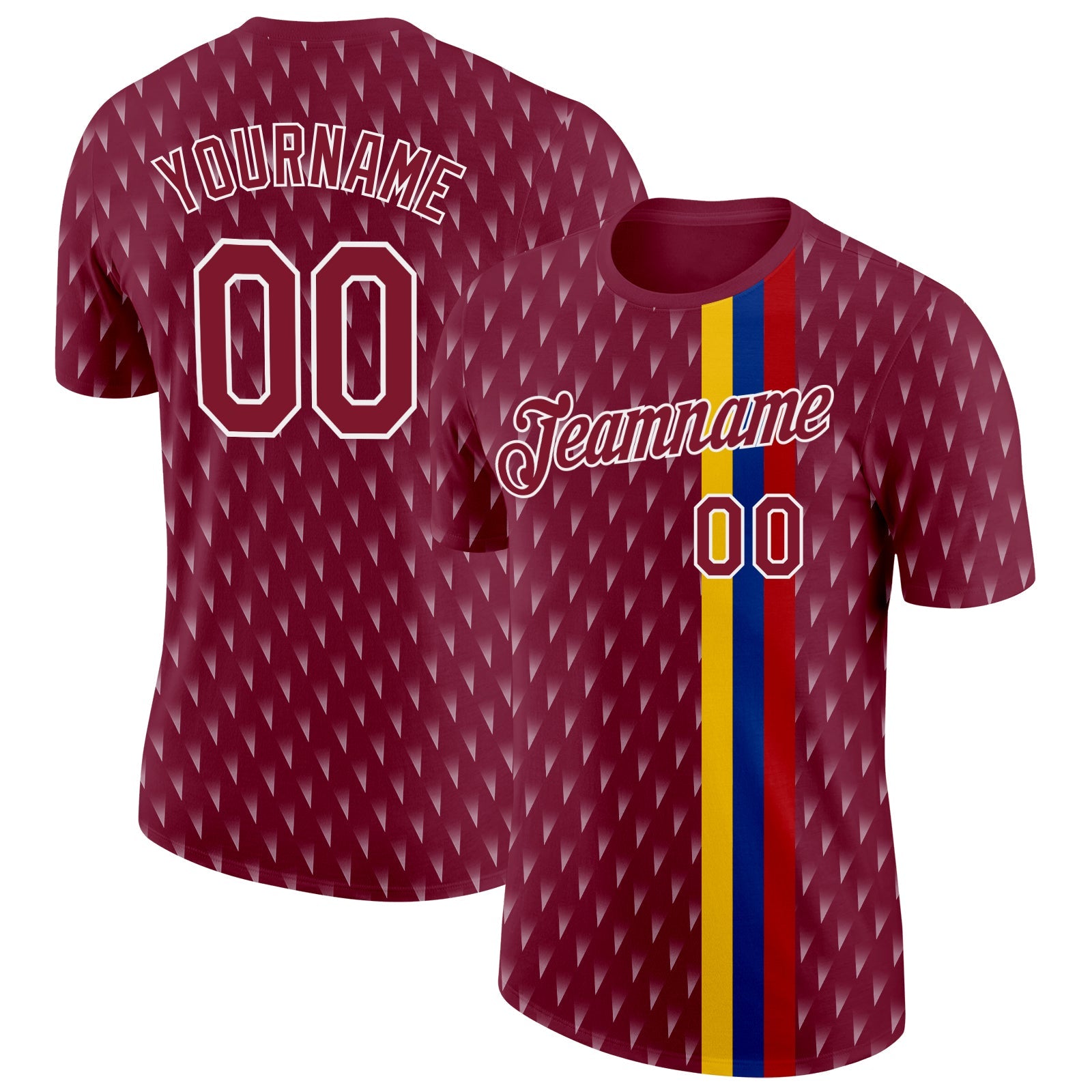Custom Crimson Yellow Blue-White Colombia Geometric And Stripe Performance T-Shirt