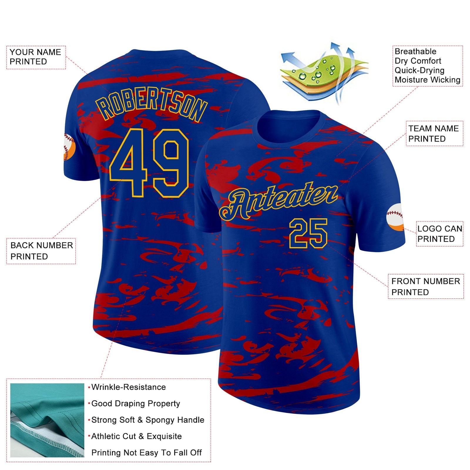 Custom Royal Gold-Red France Liquid Performance T-Shirt