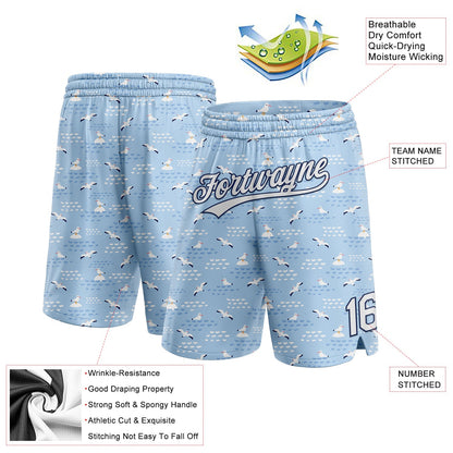 Custom Light Blue White-Navy 3D Pattern Seagulls Authentic Basketball Shorts
