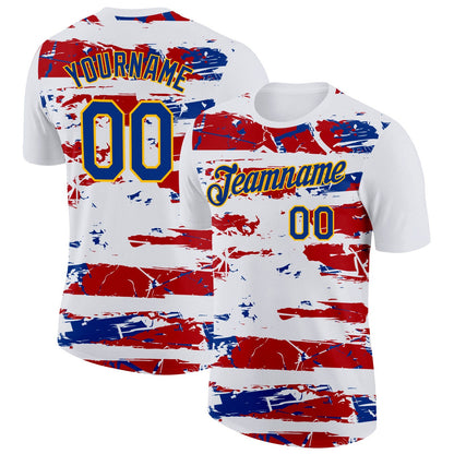 Custom White Royal Gold-Red France Grunge Performance T-Shirt