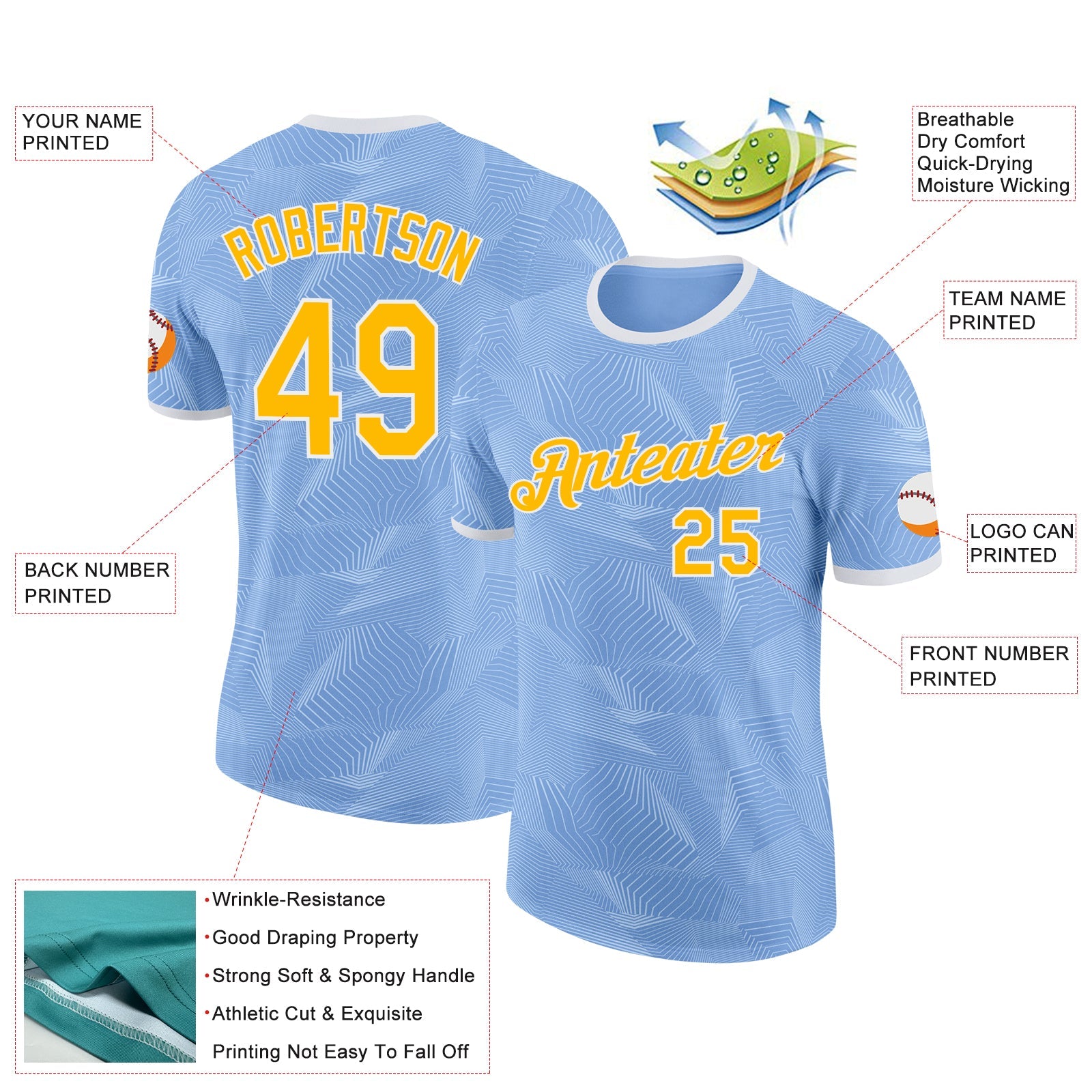 Custom Light Blue Gold-White Uruguay Geometric Performance T-Shirt