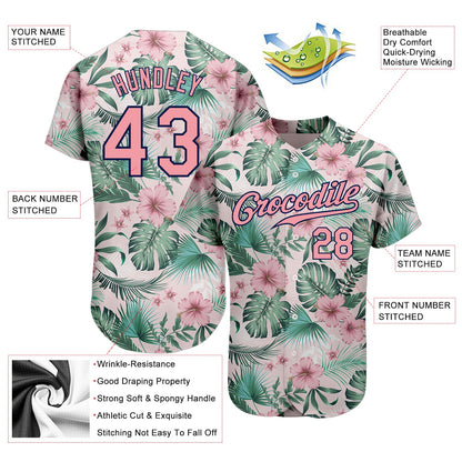 Custom White Medium Pink-Navy 3D Pattern Design Hawaii Palm Leaves And Flowers Authentic Baseball Jersey