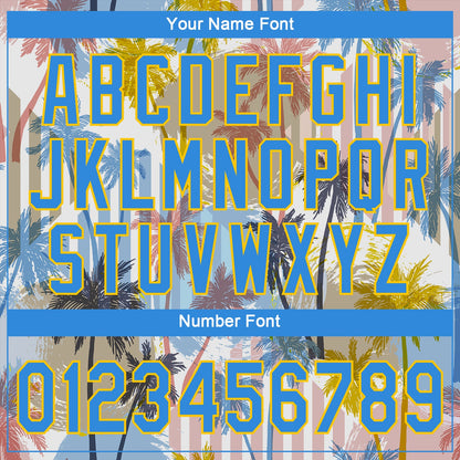 Custom White Electric Blue-Yellow 3D Pattern Design Hawaii Coconut Palms Authentic Baseball Jersey