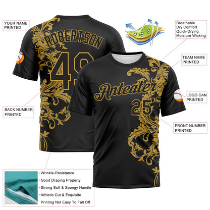 Custom Black-Old Gold Baroque Rococo Floral Scrollwork Performance T-Shirt
