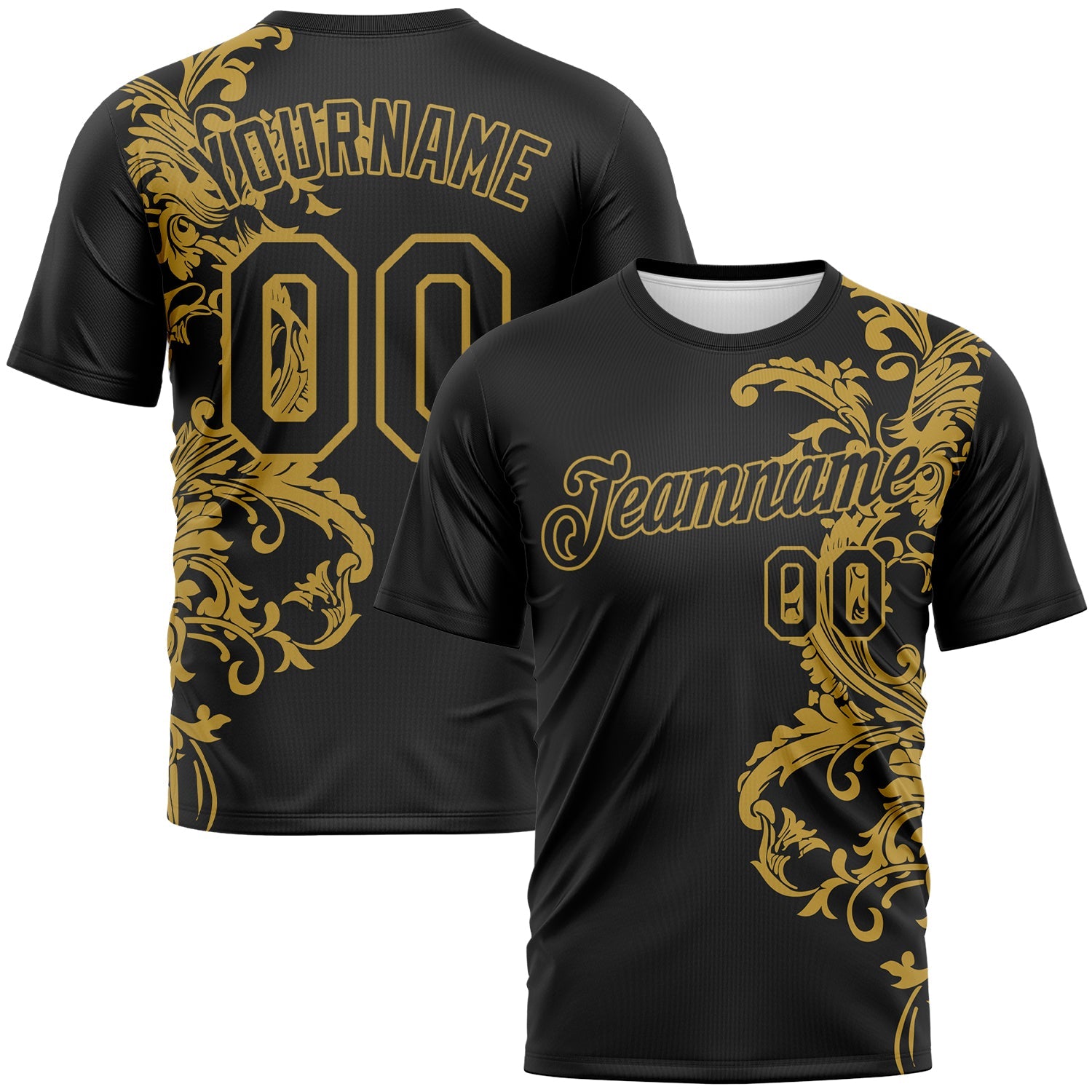 Custom Black-Old Gold Baroque Rococo Floral Scrollwork Performance T-Shirt