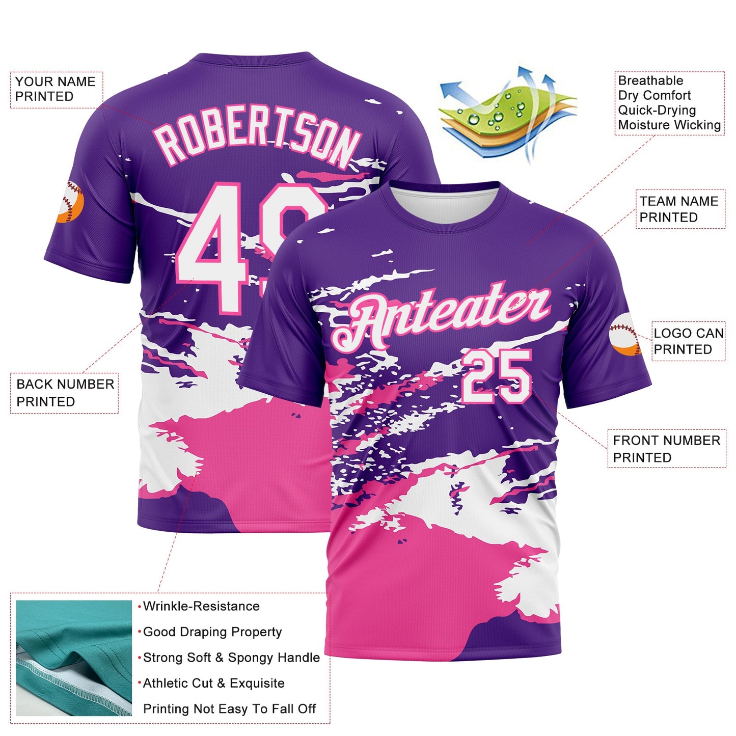 Custom Purple White-Pink Splash Performance T-Shirt