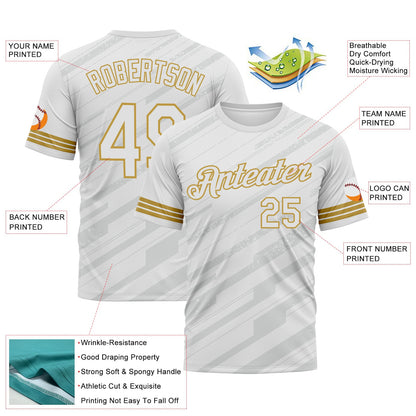 Custom White Gray-Old Gold Diagonal Stripe Speed Line Performance T-Shirt