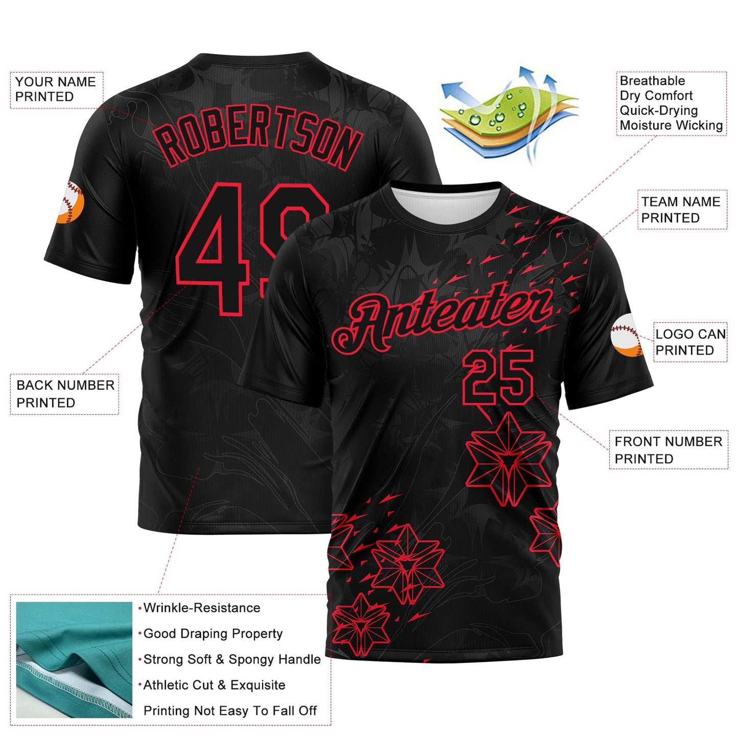 Custom Black-Fire Red Geometric Star Smoke Effect Performance T-Shirt