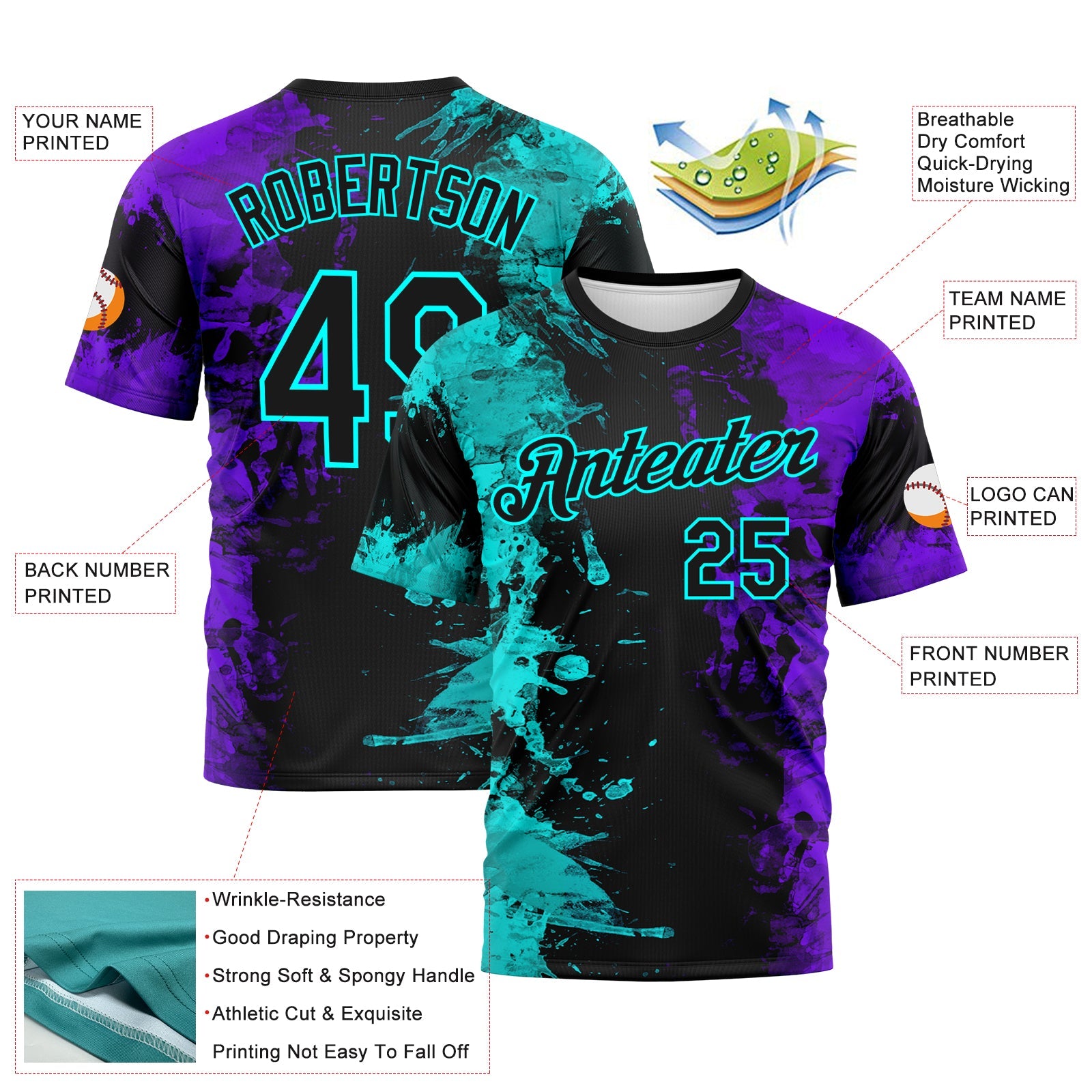 Custom Aqua Black-Purple Ink Splash Duotono Style Performance T-Shirt