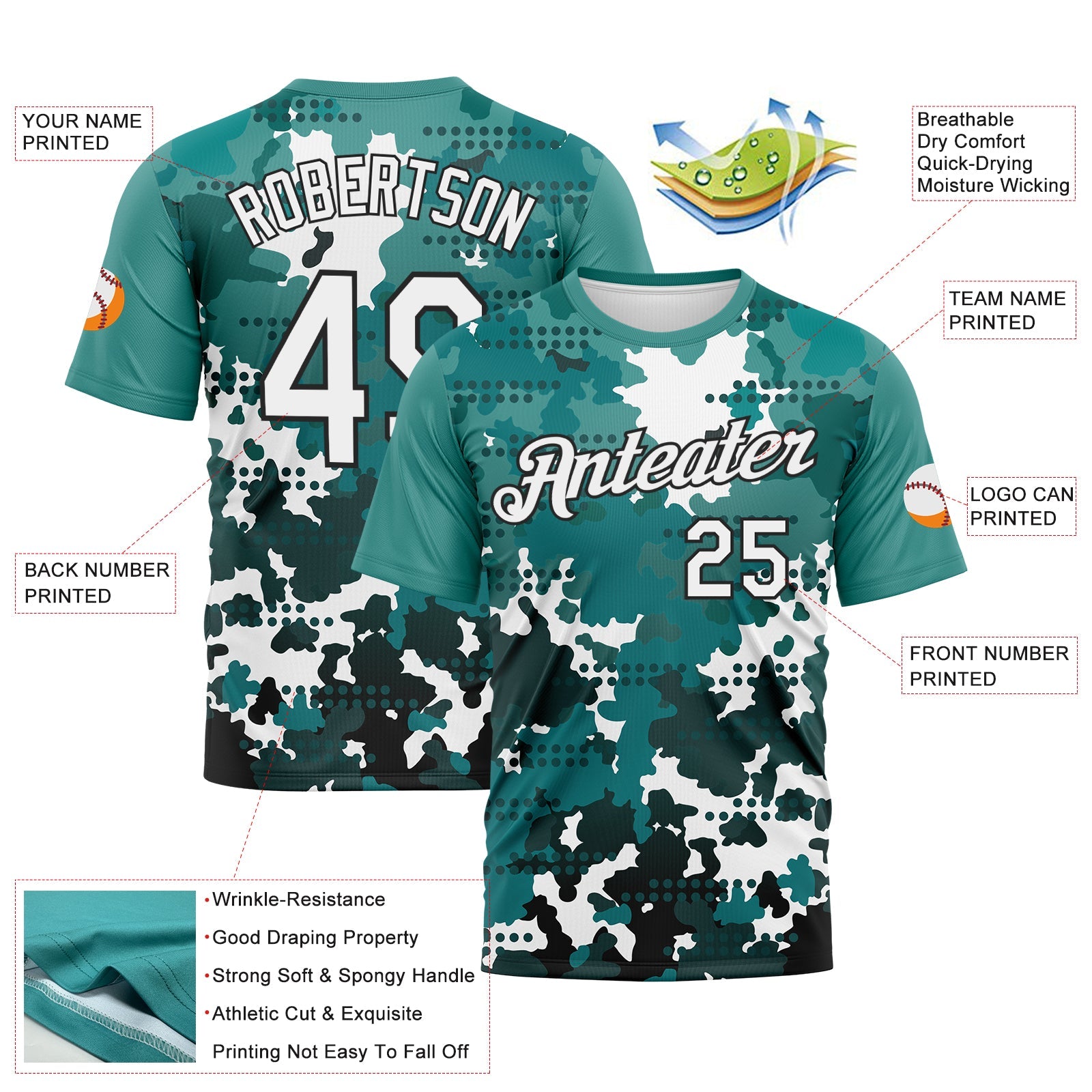 Custom White Teal-Black Camouflage Performance T-Shirt