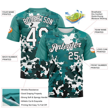 Custom White Teal-Black Camouflage Performance T-Shirt