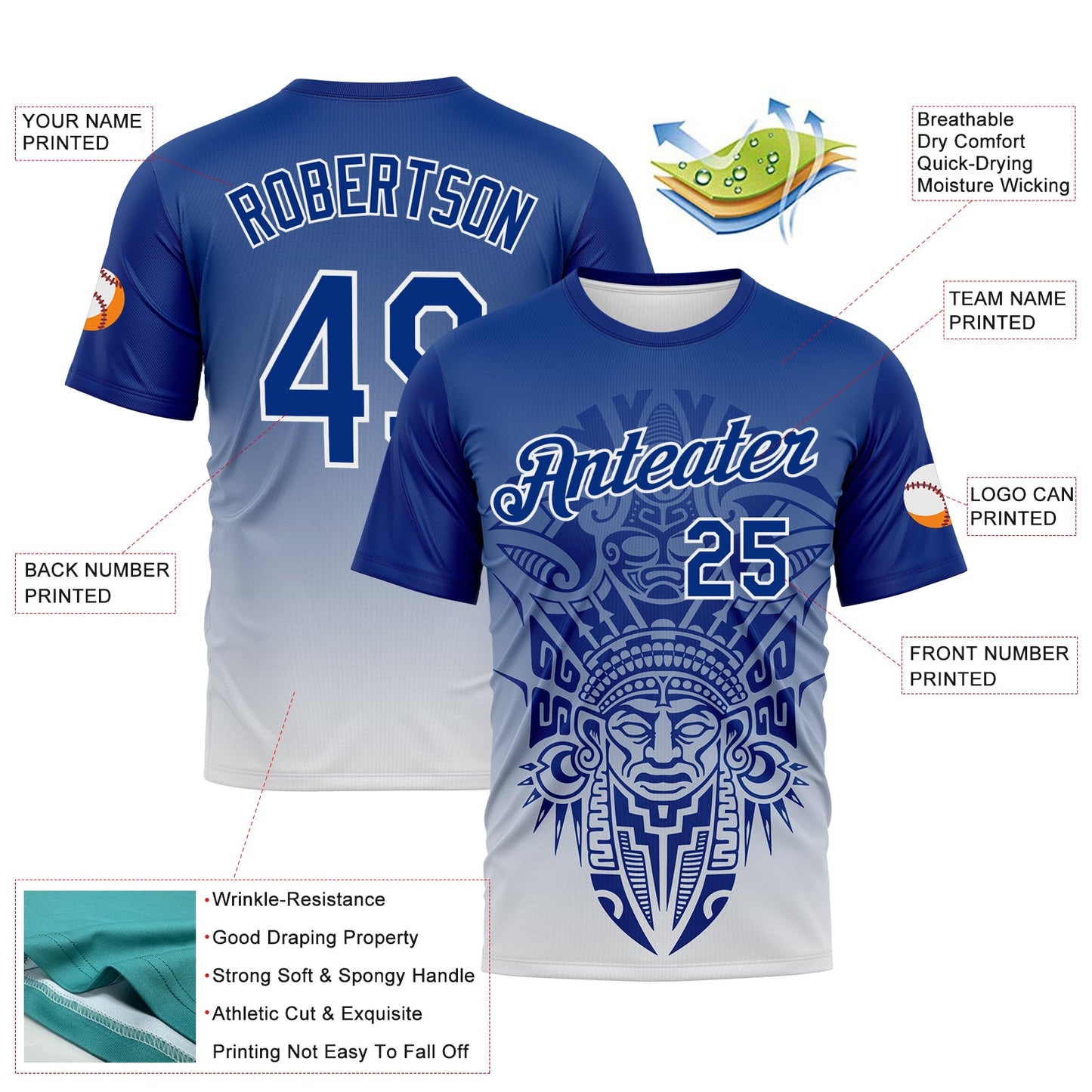 Custom Royal-White Azteca Degrade Effect Performance T-Shirt