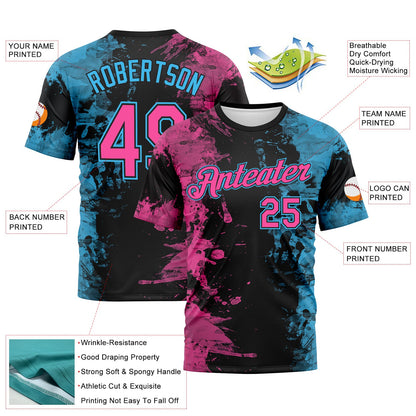Custom Pink Black-Sky Blue Ink Splash Duotono Style Performance T-Shirt