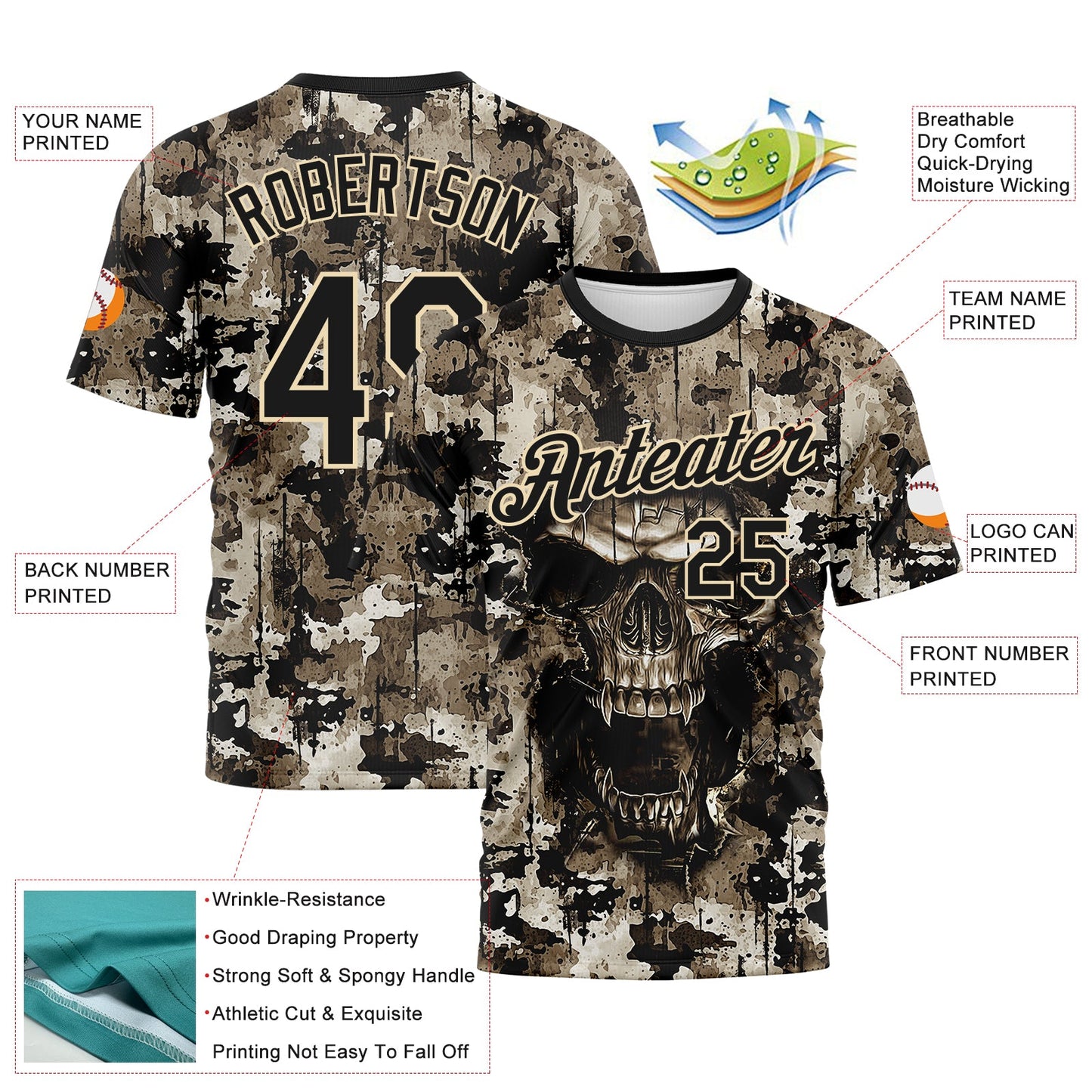 Custom Black-City Cream Skull Gothic Distressed Grunge Splatter Performance T-Shirt