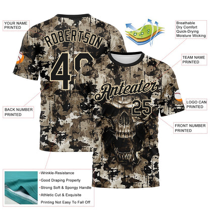 Custom Black-City Cream Skull Gothic Distressed Grunge Splatter Performance T-Shirt