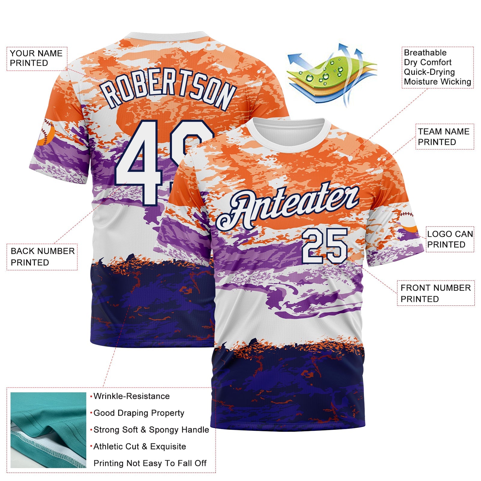 Custom Orange White Purple-Navy Distressed Abstract Paint Stroke Performance T-Shirt