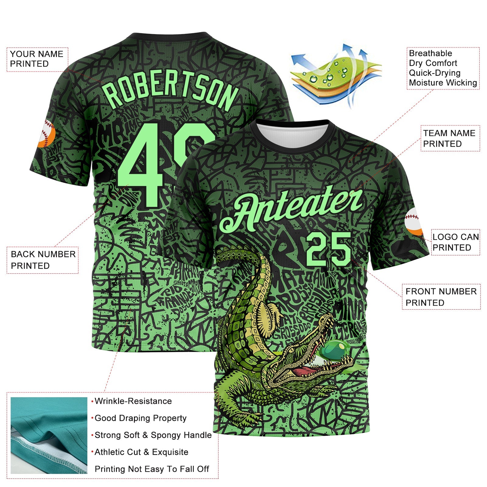 Custom Black-Pea Green Animal Alligator Mascot Street Graffiti Performance T-Shirt
