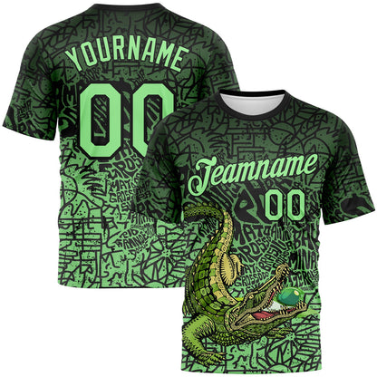 Custom Black-Pea Green Animal Alligator Mascot Street Graffiti Performance T-Shirt