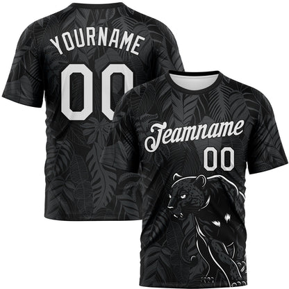 Custom Black White-Gray Animal Panther Mascot Tropical Leaves Performance T-Shirt