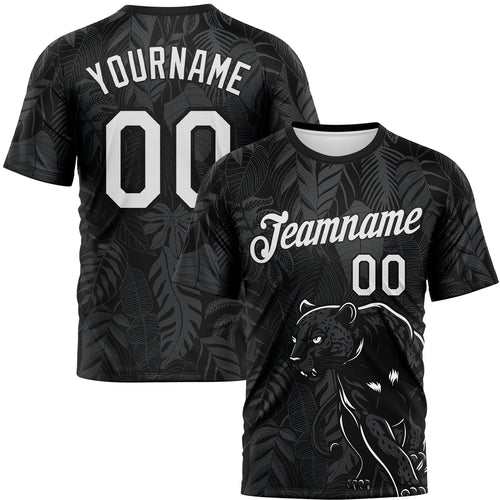 Custom Black White-Gray Animal Panther Mascot Tropical Leaves Performance T-Shirt