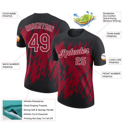 Custom Black Crimson-White Torn Sharp Brush Stroke Splatter Performance T-Shirt