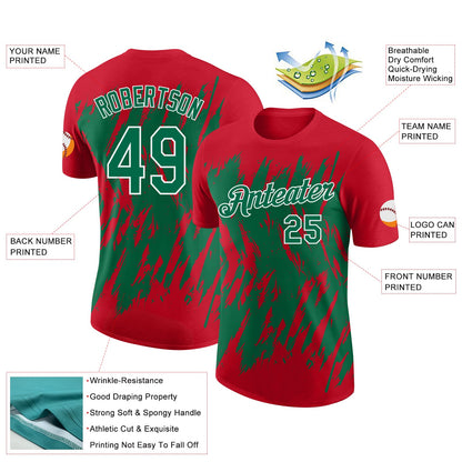 Custom Red Kelly Green-White Torn Sharp Brush Stroke Splatter Performance T-Shirt