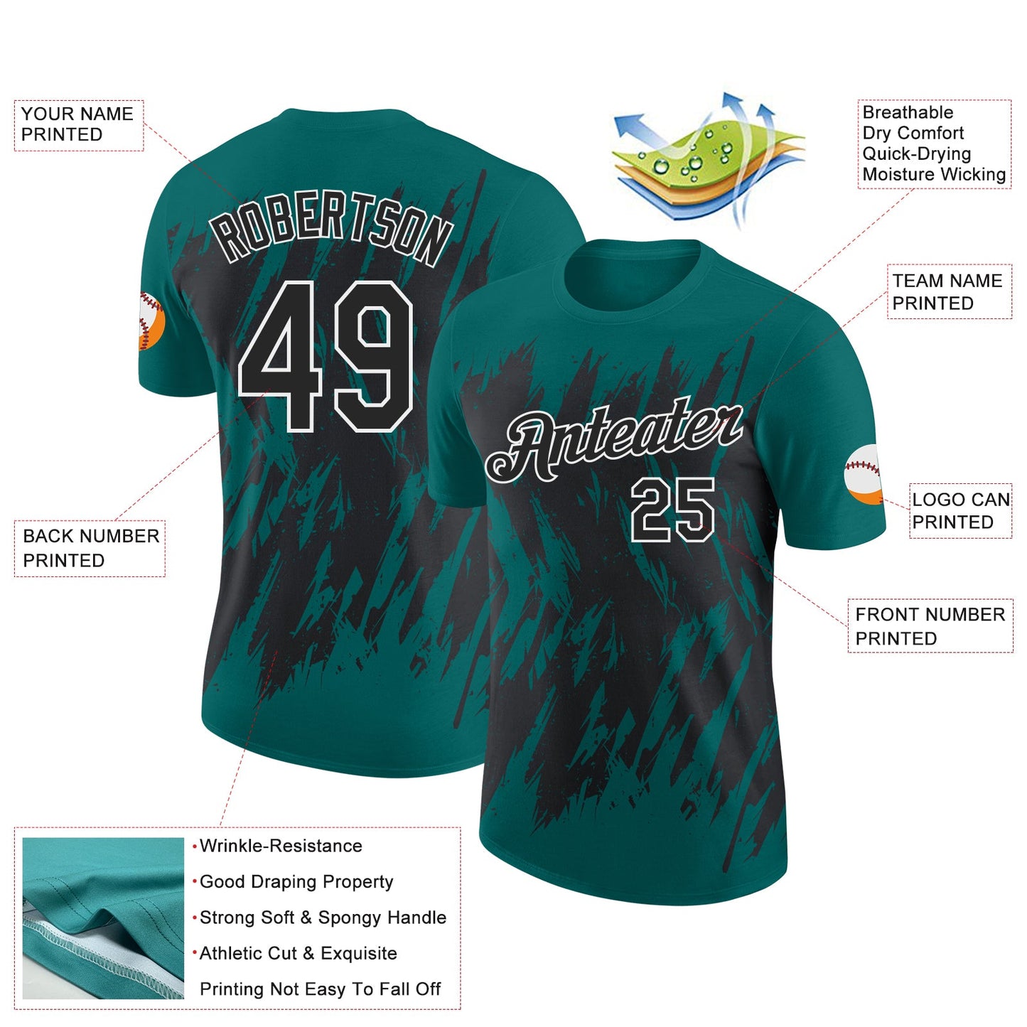 Custom Teal Black-White Torn Sharp Brush Stroke Splatter Performance T-Shirt