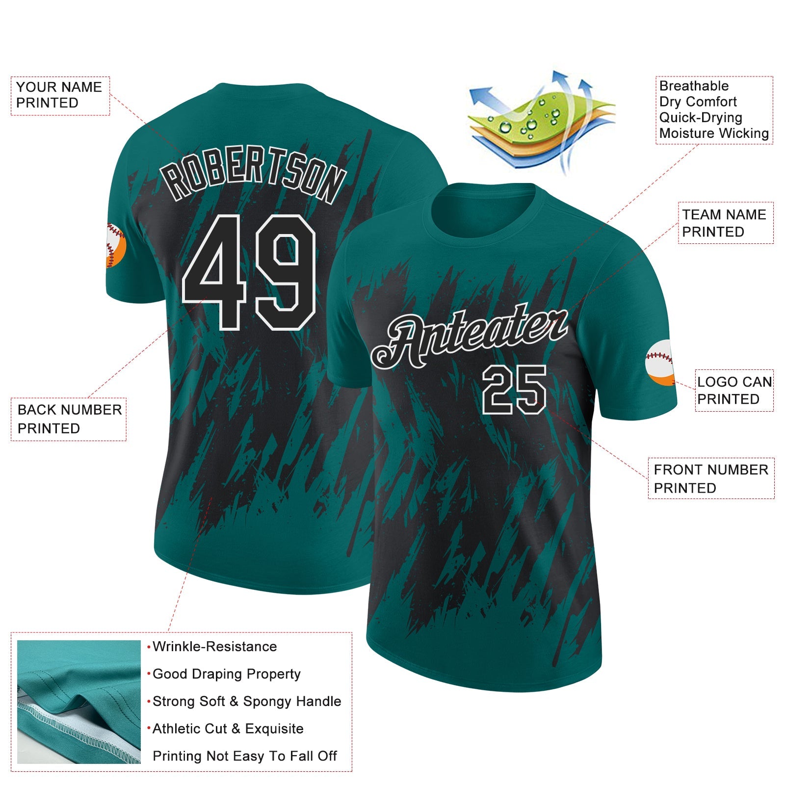Custom Teal Black-White Torn Sharp Brush Stroke Splatter Performance T-Shirt