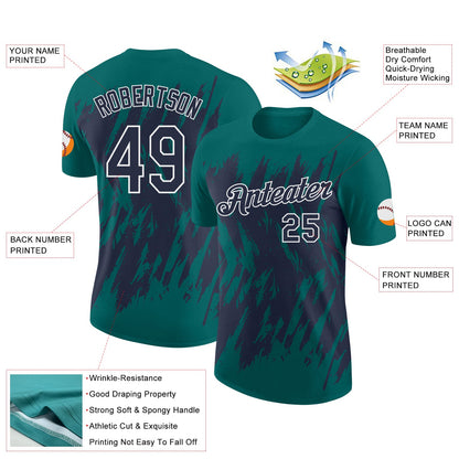 Custom Teal Navy-White Torn Sharp Brush Stroke Splatter Performance T-Shirt