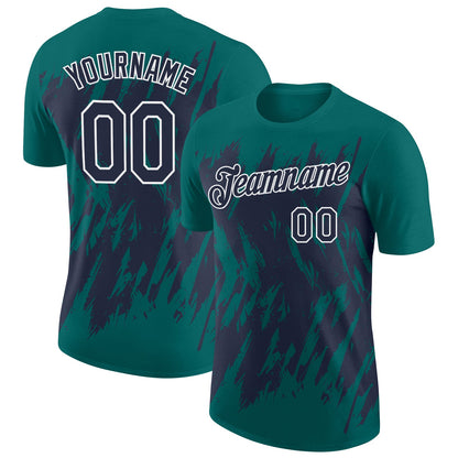 Custom Teal Navy-White Torn Sharp Brush Stroke Splatter Performance T-Shirt