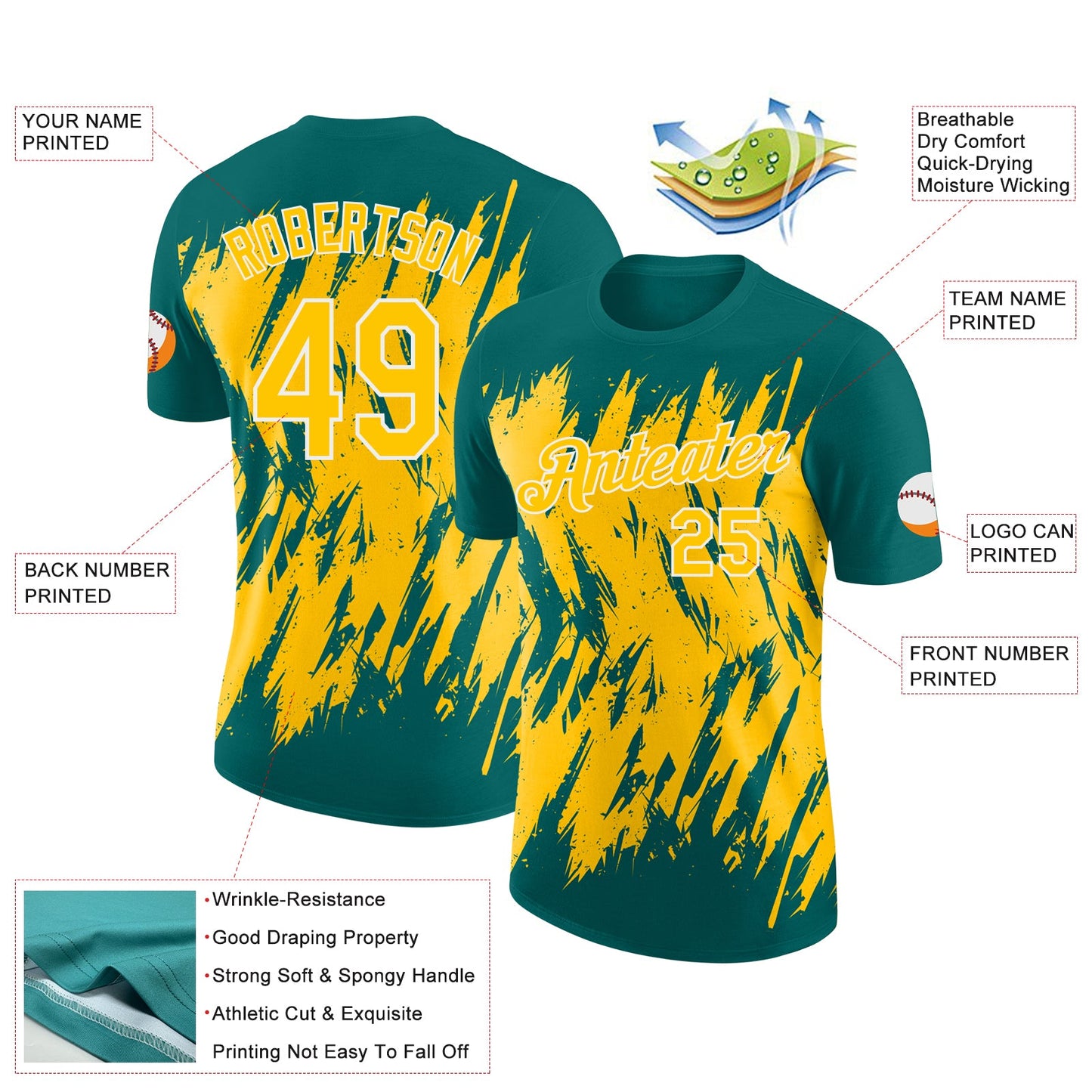 Custom Teal Yellow-White Torn Sharp Brush Stroke Splatter Performance T-Shirt