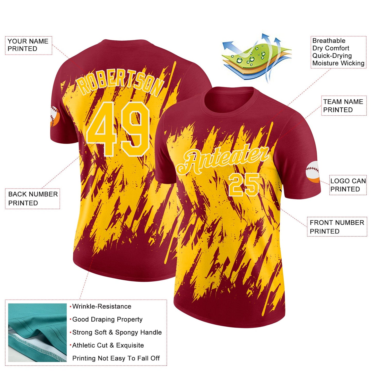 Custom Crimson Yellow-White Torn Sharp Brush Stroke Splatter Performance T-Shirt
