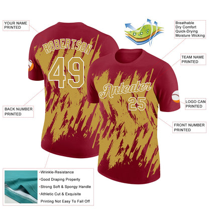 Custom Crimson Old Gold-White Torn Sharp Brush Stroke Splatter Performance T-Shirt