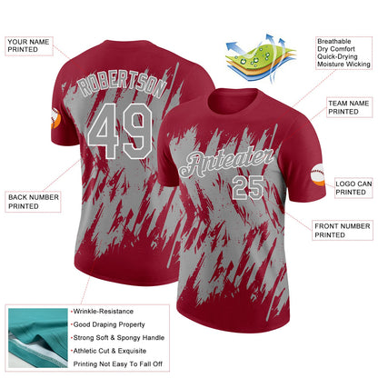 Custom Crimson Gray-White Torn Sharp Brush Stroke Splatter Performance T-Shirt
