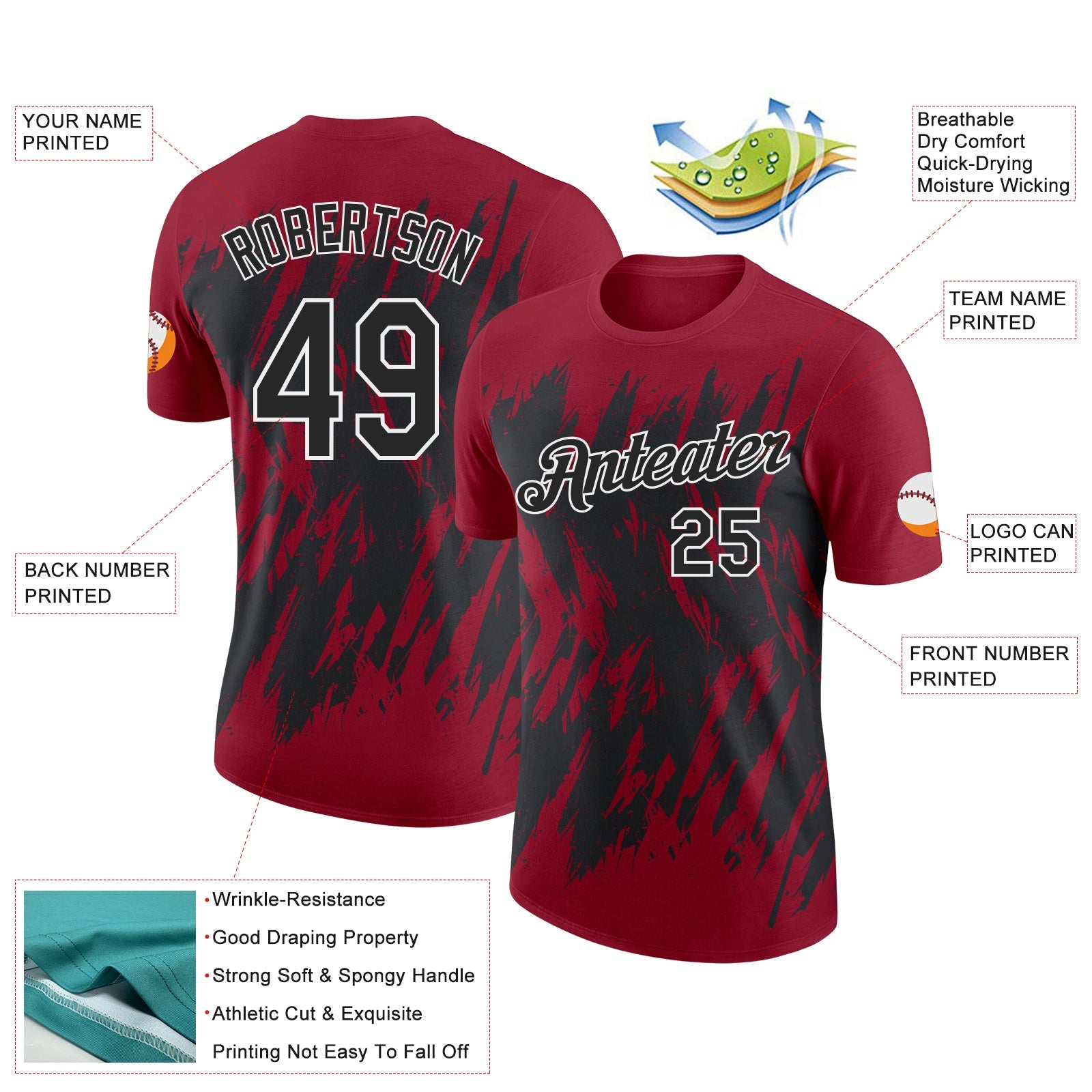Custom Crimson Black-White Torn Sharp Brush Stroke Splatter Performance T-Shirt