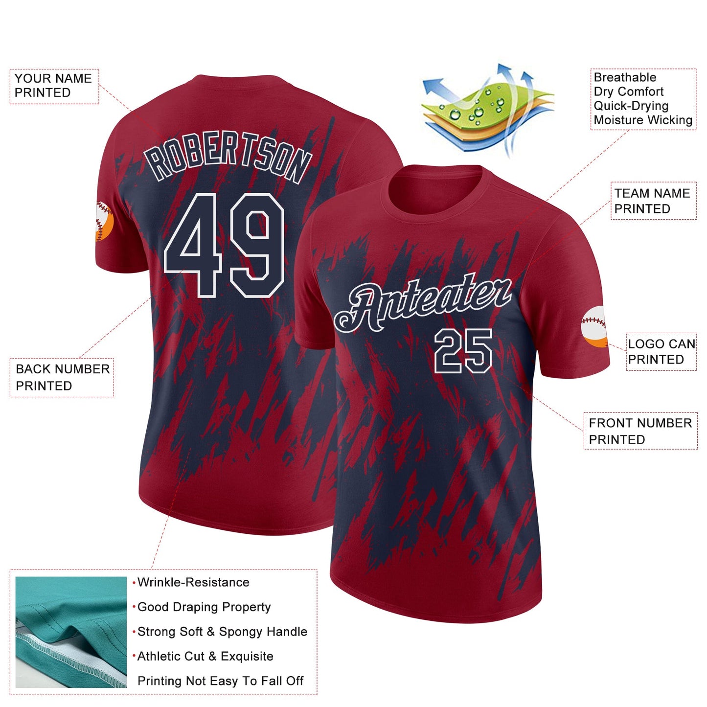 Custom Crimson Navy-White Torn Sharp Brush Stroke Splatter Performance T-Shirt