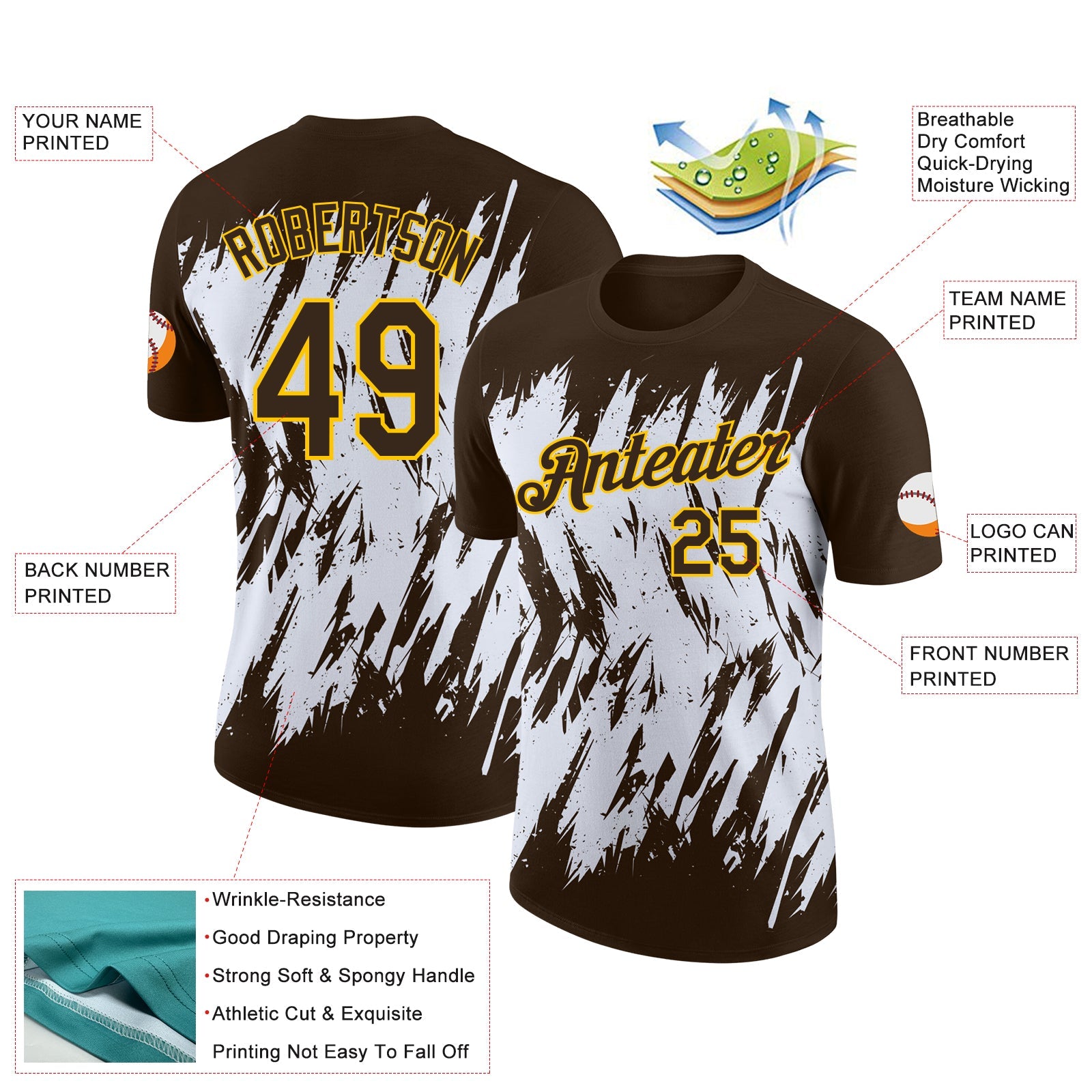 Custom Brown White-Yellow Torn Sharp Brush Stroke Splatter Performance T-Shirt