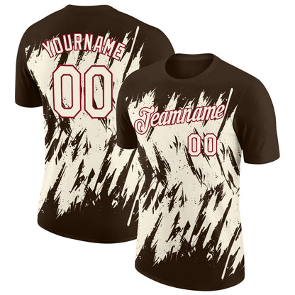 Custom Brown Cream-Crimson Torn Sharp Brush Stroke Splatter Performance T-Shirt