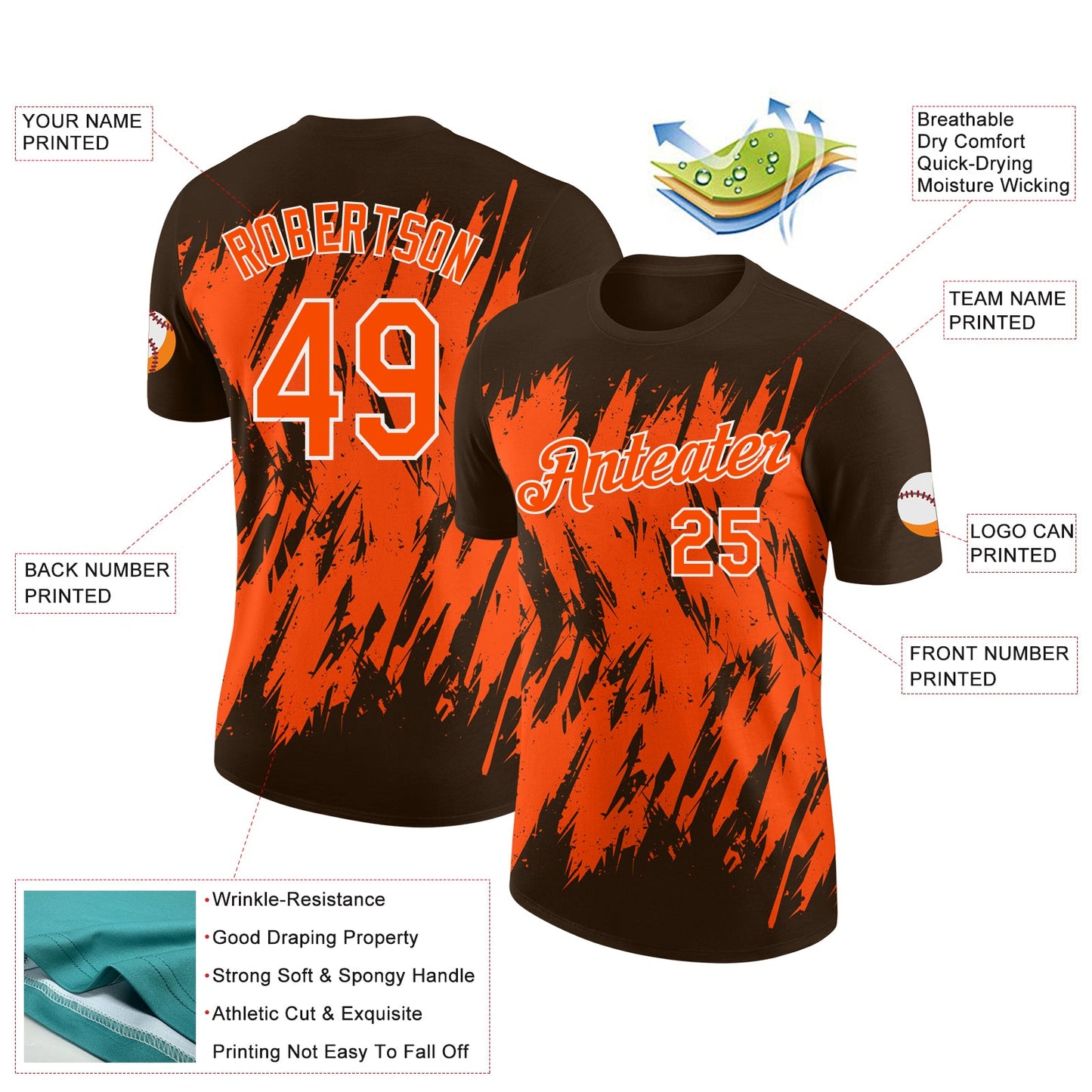 Custom Brown Orange-White Torn Sharp Brush Stroke Splatter Performance T-Shirt