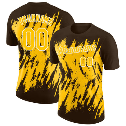 Custom Brown Yellow-White Torn Sharp Brush Stroke Splatter Performance T-Shirt