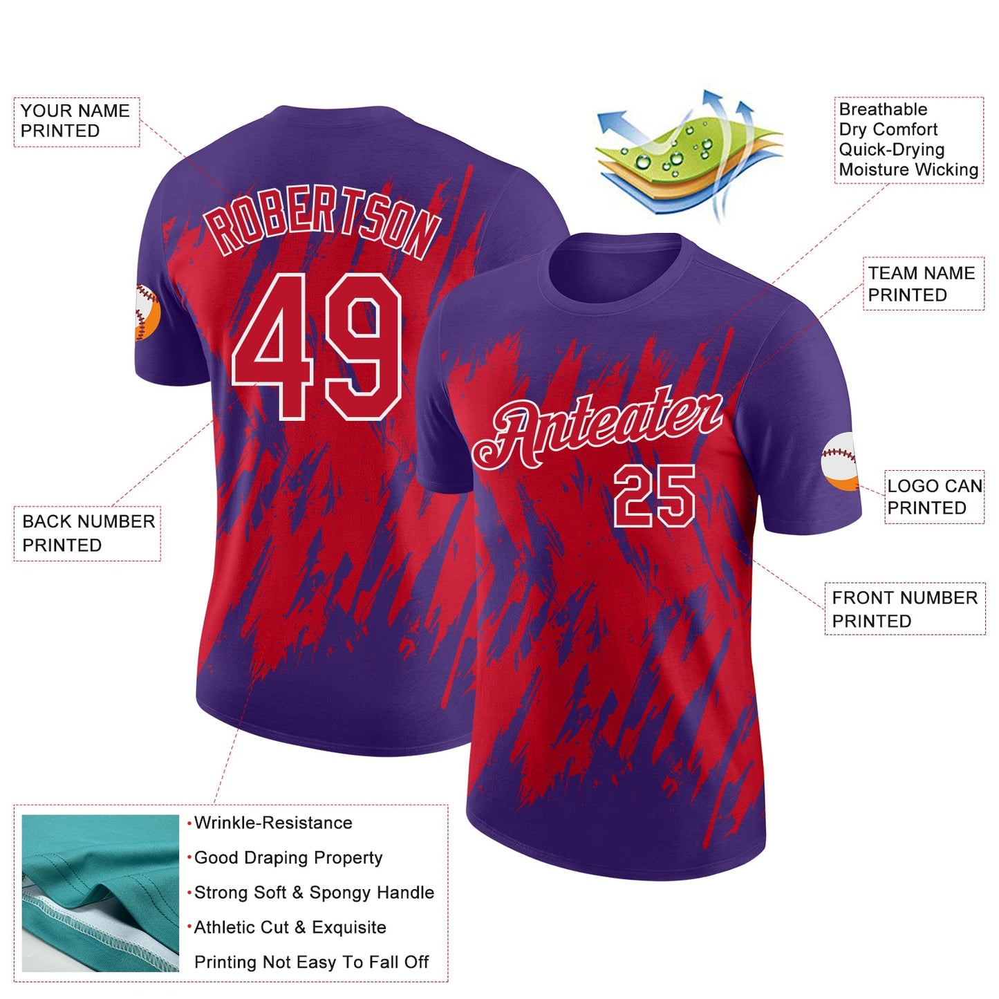 Custom Purple Red-White Torn Sharp Brush Stroke Splatter Performance T-Shirt