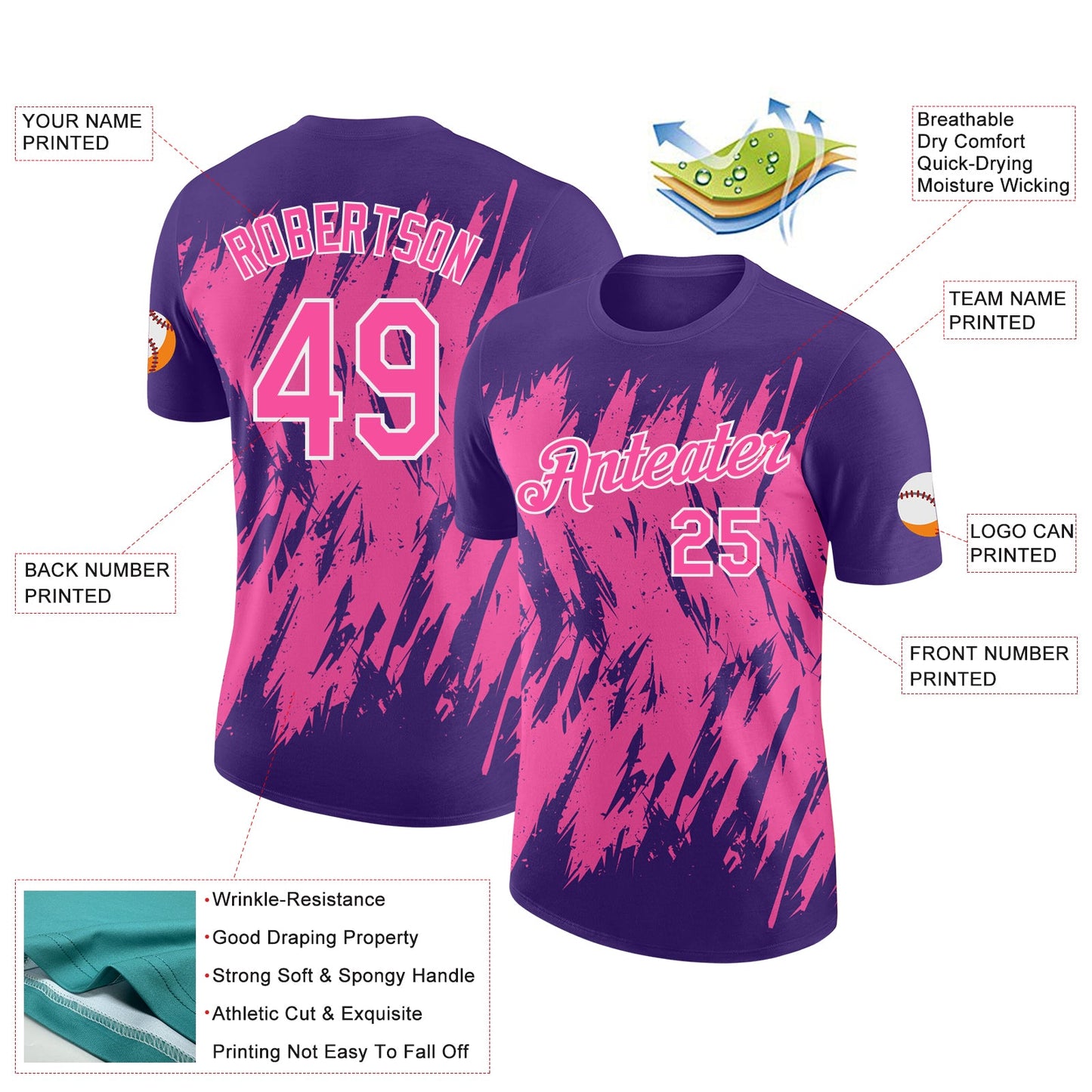 Custom Purple Pink-White Torn Sharp Brush Stroke Splatter Performance T-Shirt