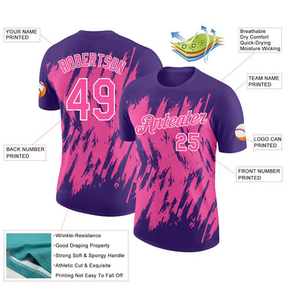 Custom Purple Pink-White Torn Sharp Brush Stroke Splatter Performance T-Shirt