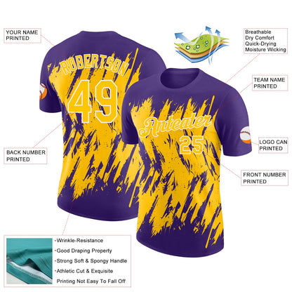 Custom Purple Yellow-White Torn Sharp Brush Stroke Splatter Performance T-Shirt