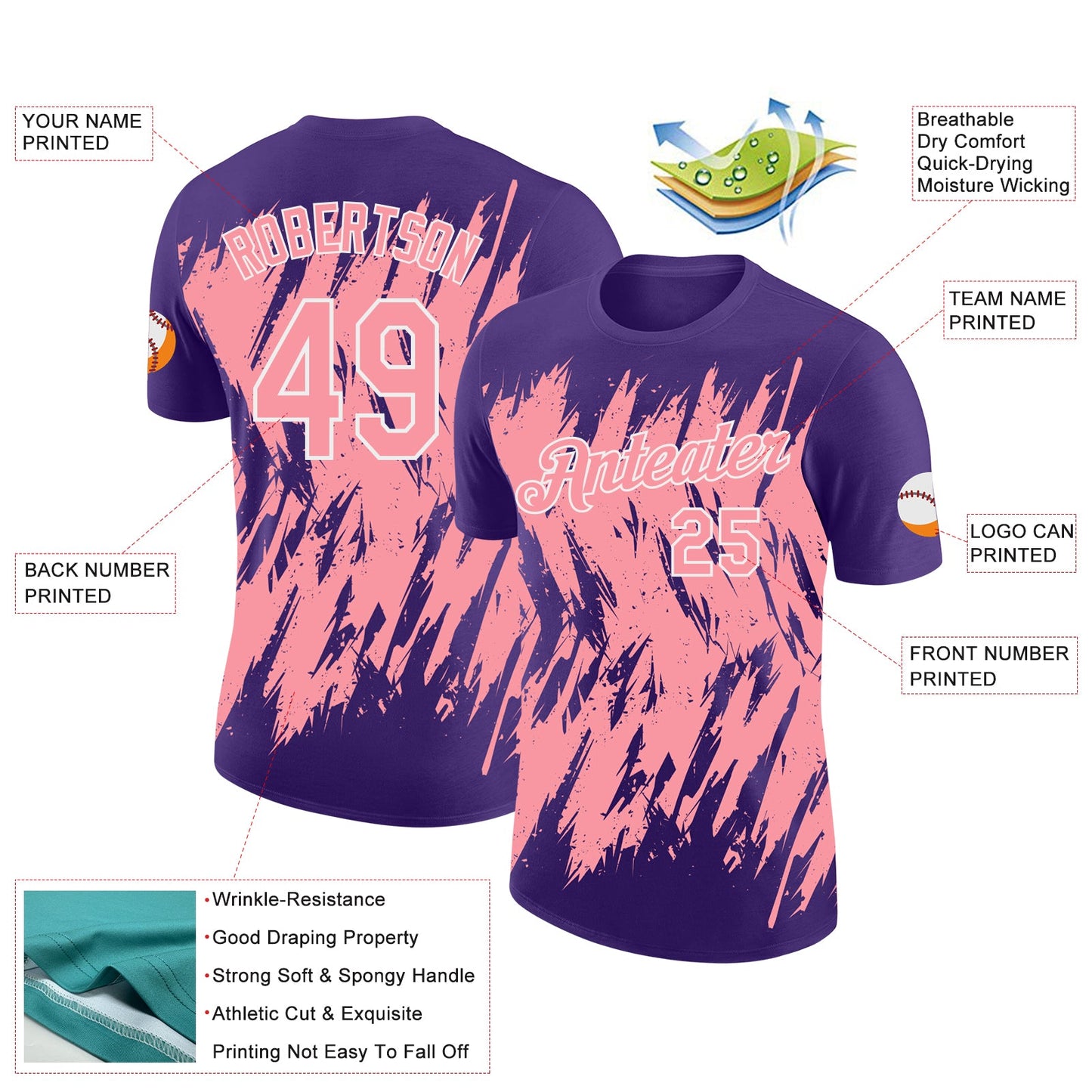 Custom Purple Medium Pink-White Torn Sharp Brush Stroke Splatter Performance T-Shirt
