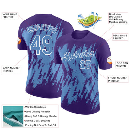 Custom Purple Light Blue-White Torn Sharp Brush Stroke Splatter Performance T-Shirt